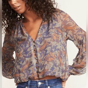 Veronica Beard Jayce Blouse 100% Silk Seafoam Multi Paisley Button Long Sleeve 2